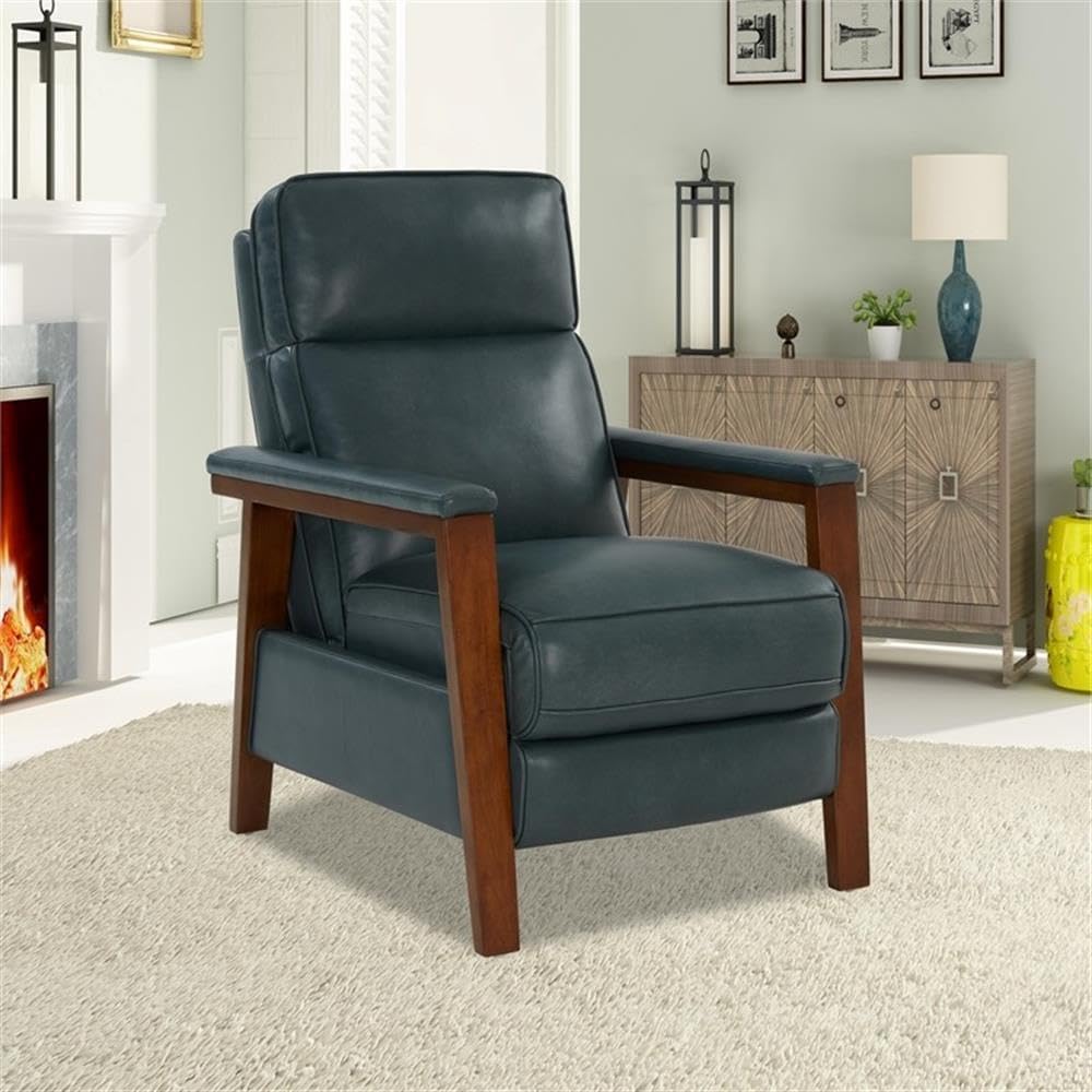 Pemberly Row Leather Push Thru The Arms Recliner, Roma Bluegray Upholstery, 43.3 in High, Hardwood Plywood Frame, Pocketed Coil Springs, Rustic Brown Finish, Modern Style Living Room Chair
