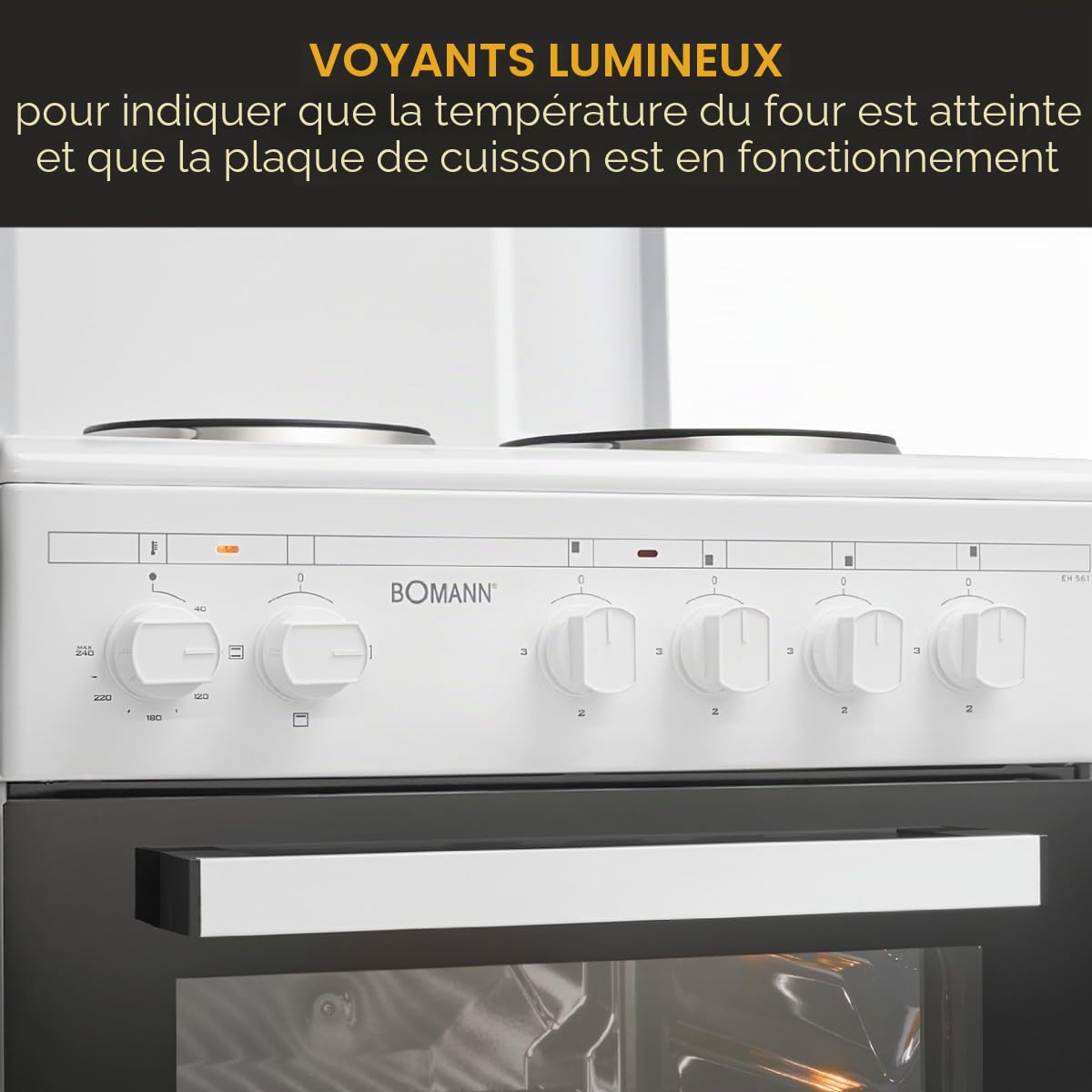Boman, Cuisinière Electrique 4 plaques et four de 48L, Largeur 50 cm, cuisine avec plaque couvre-feu, allumage manuel, 4 foyers avec commandes, Energie A