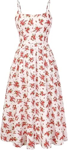 Belle Poque Women Floral Dresses Summer Spaghetti Strap Smocked Back A-Line Midi Sundress with Pockets White and Red Floral M
