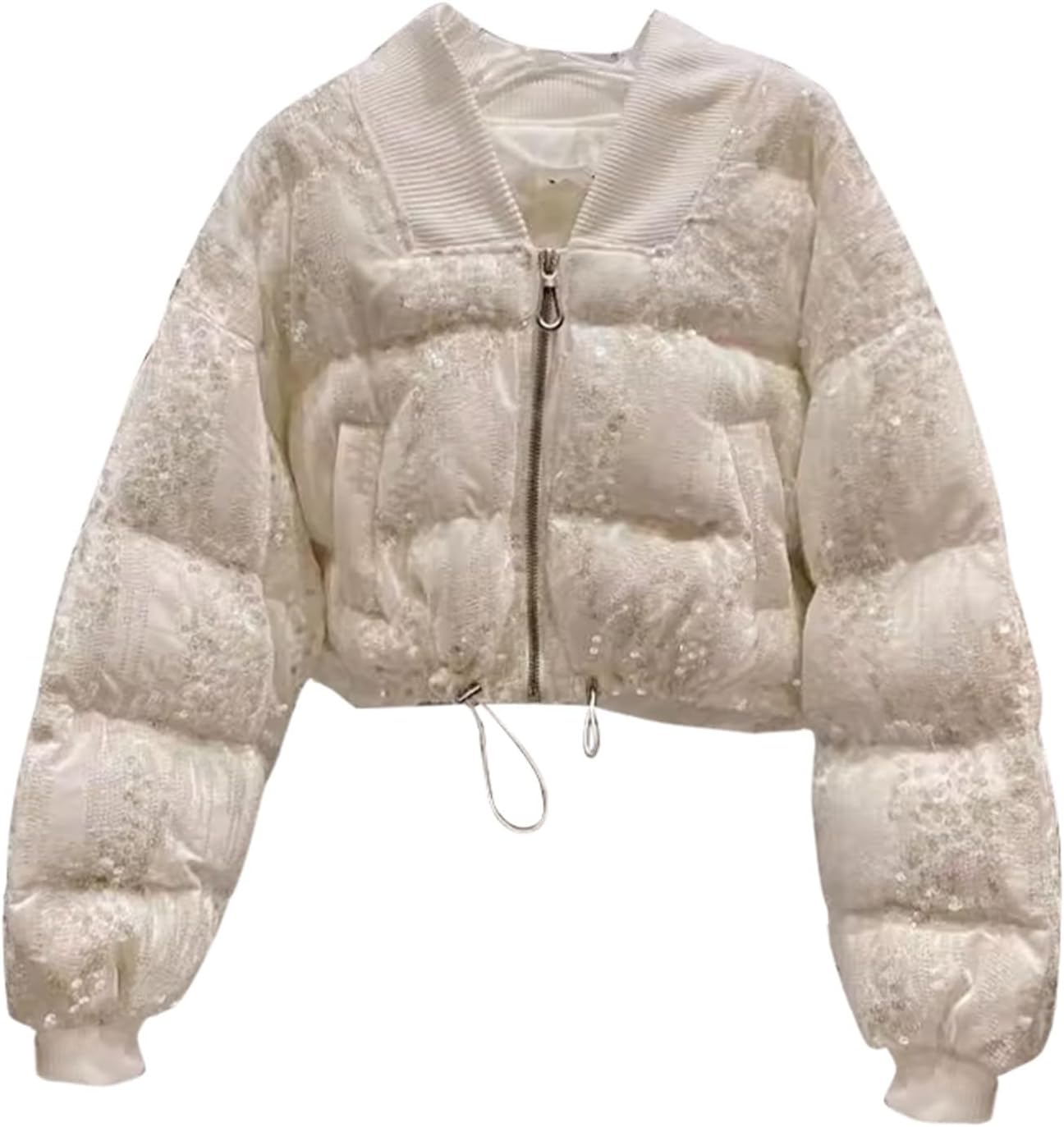 Kids Girls Sequined Crop Puffer Jacket Zip Up Sparkly Thick Down Padded Outerwear Teen Winter Trendy Warm Coat