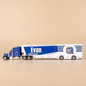 MT WORLD Toy Truck Personalized Semi Truck Toy with Name 1/48 Scale Model Tractor Trailer Toys Alloy Truck Tractor & Plastic Box Body Container Car Carrier for Boys Teens Birthday