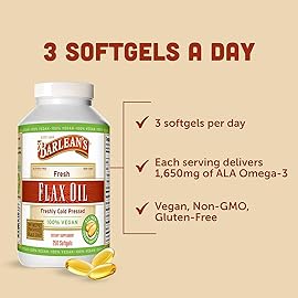 Barlean\'s Vegan Flaxseed Oil Supplements, Cold-Pressed Flax Seed Supplement Softgels with 1650 mg ALA Fatty Acids, 250 Count