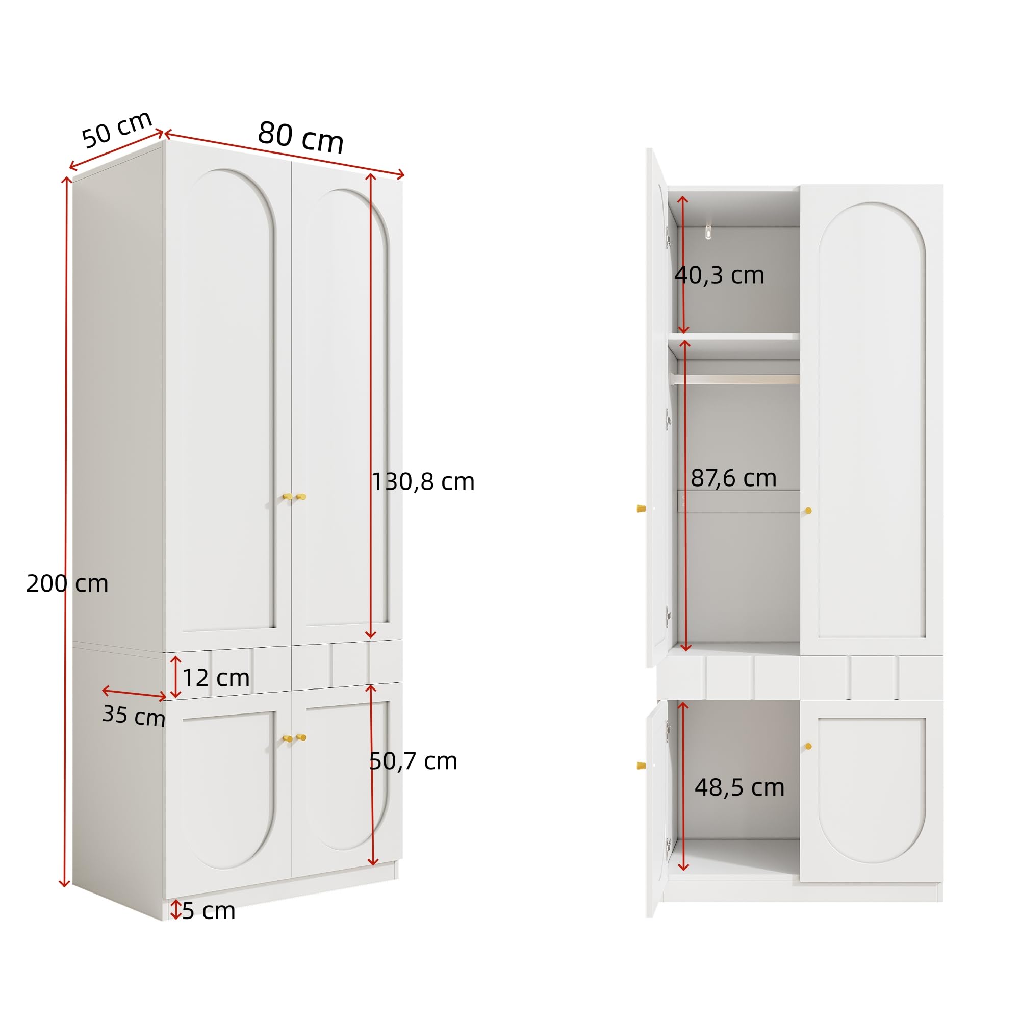Armadio a 2 ante laccato + vetrina, mobile per camera da letto, set di mobili bianchi, 80 x 50 x 200 cm, 50 x 40 x 180 cm