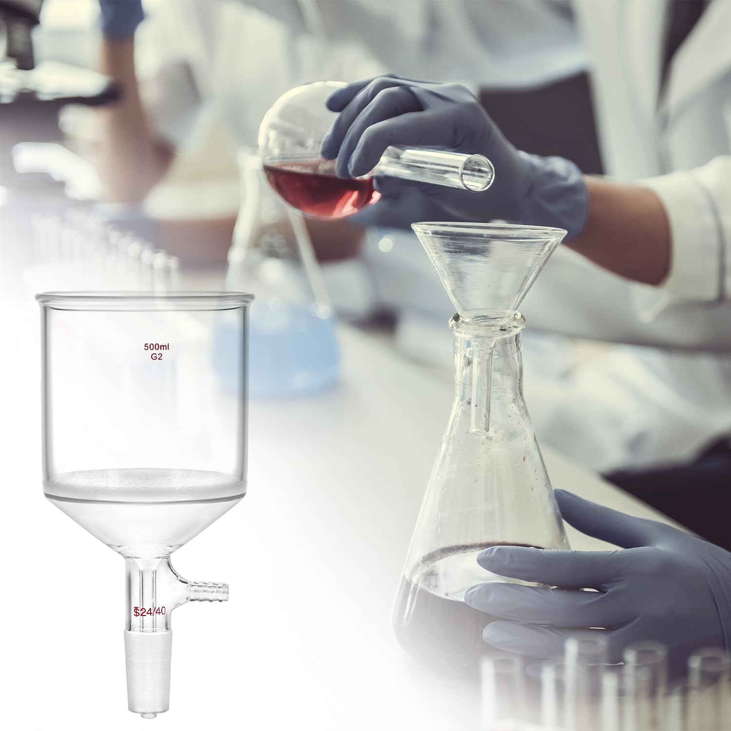 QWORK Imbuto filtrante Buchner in vetro borosilicato da 500 ml con fritta media (G2), giunto interno conico standard 24/40 e 100 filtri di carta da 93 mm