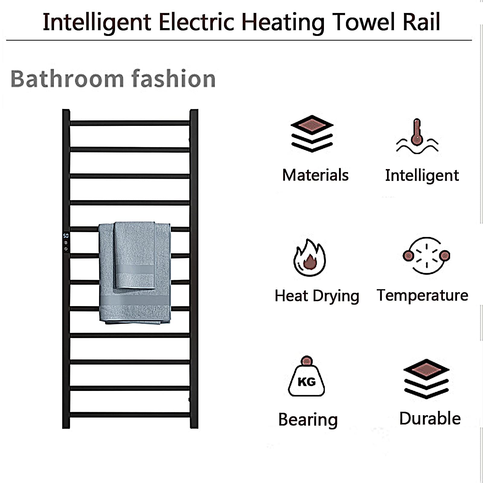 Nero Termoarredo Bagno,Montaggio A Parete Scaldasalviette Elettrico,12 Tondini Termoarredo Elettrico,Cronotermostato con Display Digitale,Nero,Hard~Wired