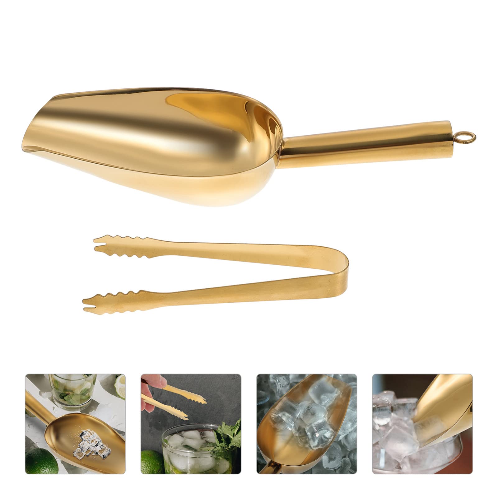 Golden Ice - Pinzas y pala de acero inoxidable para cubitos de hielo con, pala para cubitos de hielo, cuchara de cocina para contenedor de hielo, té, café, harina de granos