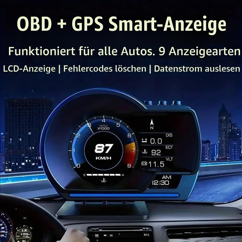 Auto Head Up Display,Cars Heads Up Display,Horizontale Fahrzeuganzeige,OBD2+GPS,mit Einstellbarer Halterung,Geschwindigkeit,Drehzahl,mehrsprachige Anzeige,für alle Fahrzeuge