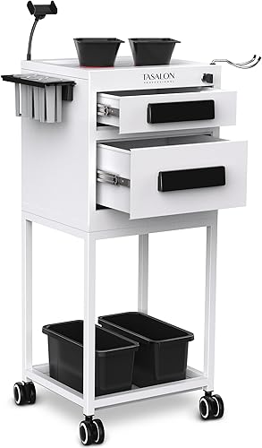 TASALON Carrito con ruedas de dos niveles blanco mejorado con cajón con cerradura, equipo de peinado del cabello con cuerpo de metal y gran espacio