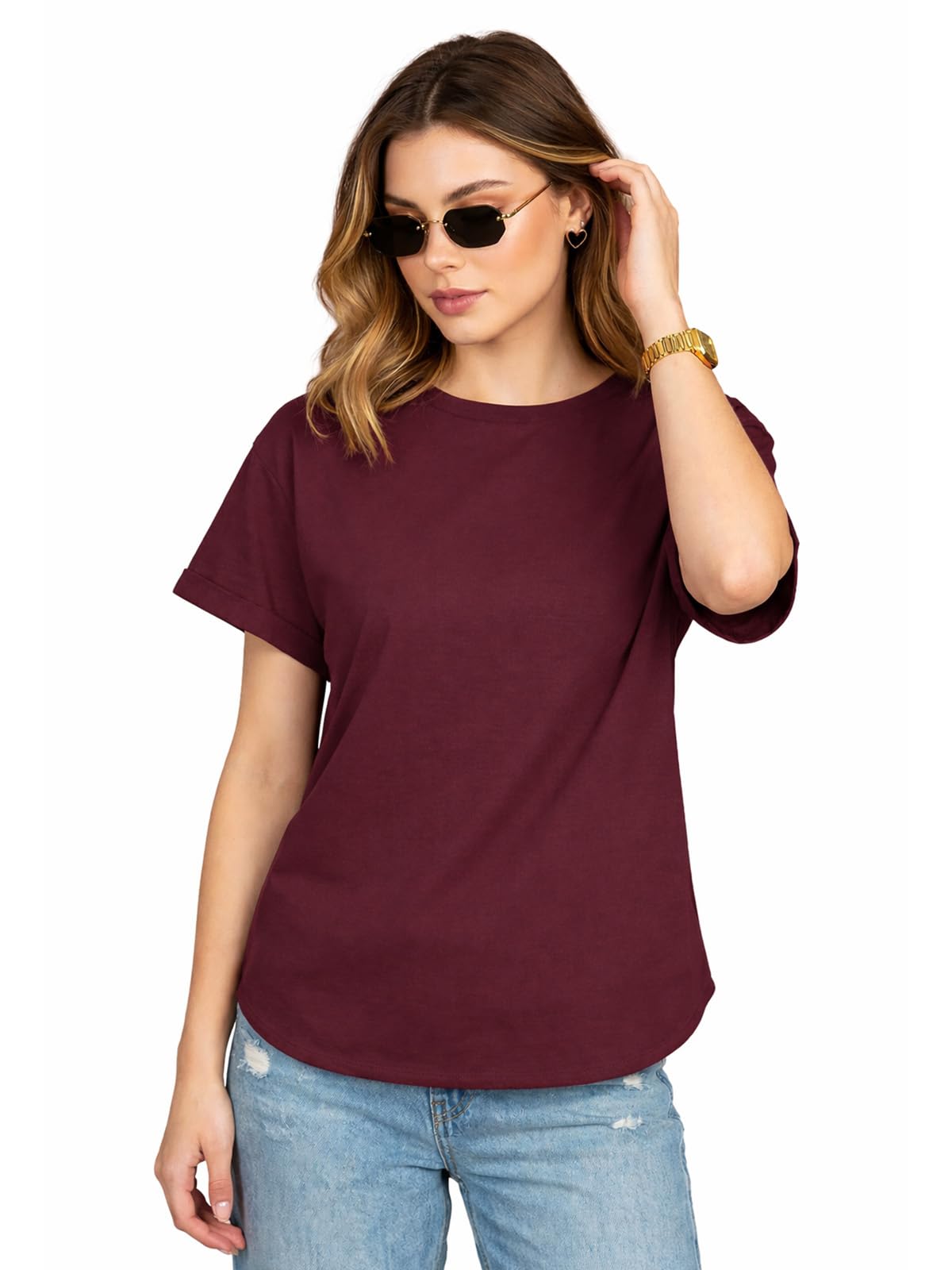 Jack & Jones Pure 100% Cotton Oversized Loose Fit Drop Shoulder Round Neck Boyfriend Fit Solid Half Sleeves T-Shirt for Women & Girls (Sizes: S to 2XL) in neutral