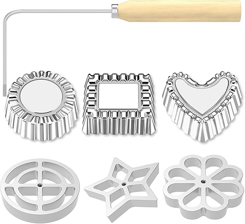Miniatura 9 de 6 moldes para bunuelos con mango de madera, molde de aluminio para hacer galletas, juego de hierro de timbal desmontable Bunuelos rosetón, círculo