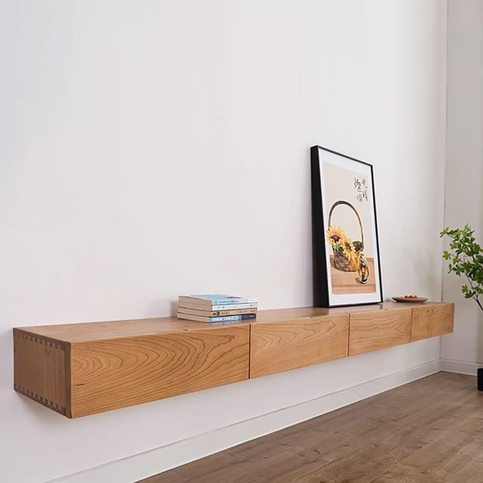 Mobile TV Sospeso, Console Multimediale In Legno Con Ante A Ribalta E Cassetti, Mobile Porta TV A Parete, Console Multimediale Per Lettore DVD, Decoder, Console Per Videogiochi(Natural,200x24x20cm)