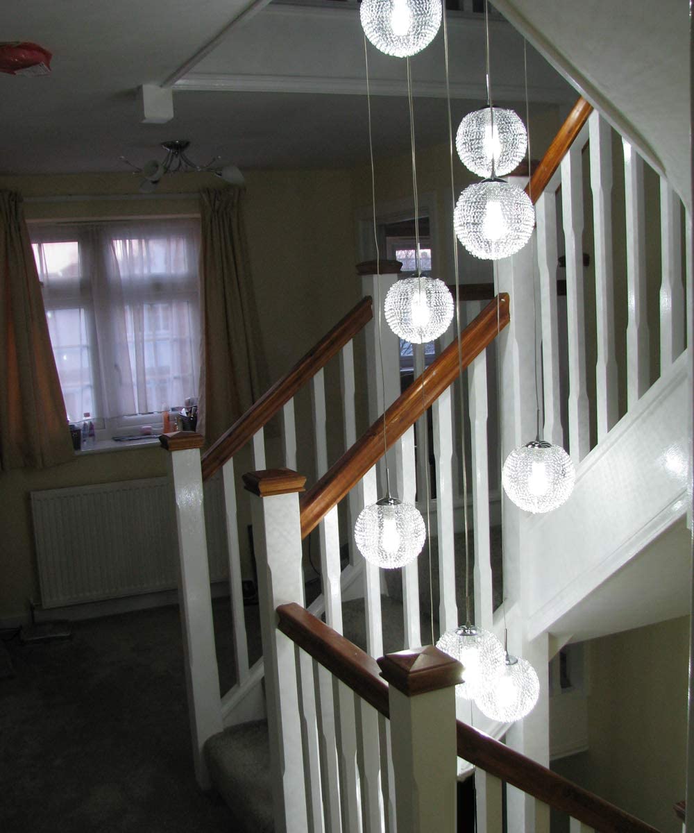 PCXEHUYP Modern Minimalist Staircase Long Villa Stair Chandelier 8 Lights Creative Living Room Duplex Stairwell High Ceiling Pendant Light Clear Glass Ball Meta