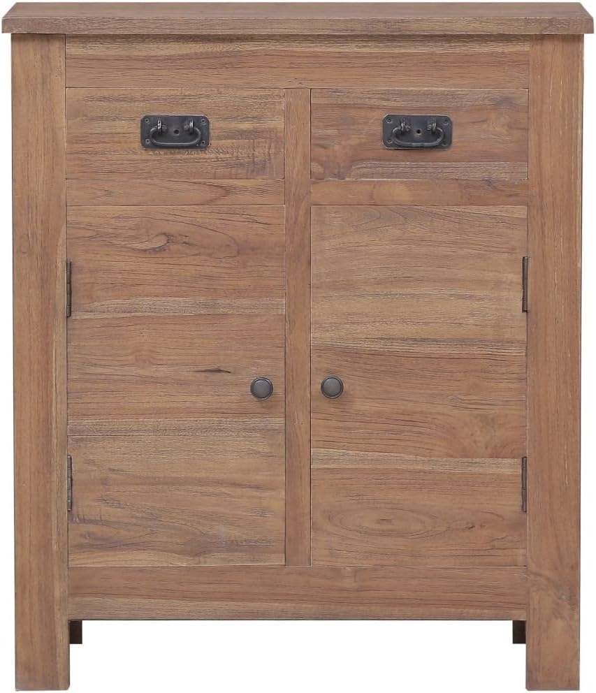 Colonial Style Solid Teak Wood Sideboard with Antique Brass Handles, 25.6 x 11.8 x 29.5 Inches, 4 Spacious Compartments for Dining Room Storage and Living Space Organization