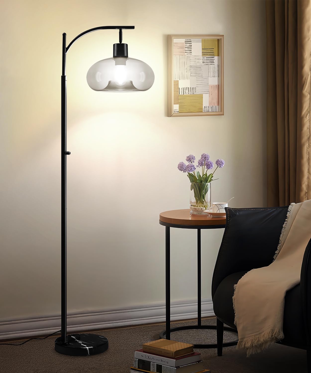 Floor Lamps for Living Room, Dimmable Modern Standing Lamps for Home Decor, Industrial Tall Pole Lamp for Office Bedroom, with Handblown Grey Glass Mushroom Shade and Marble Base, Bulb Included