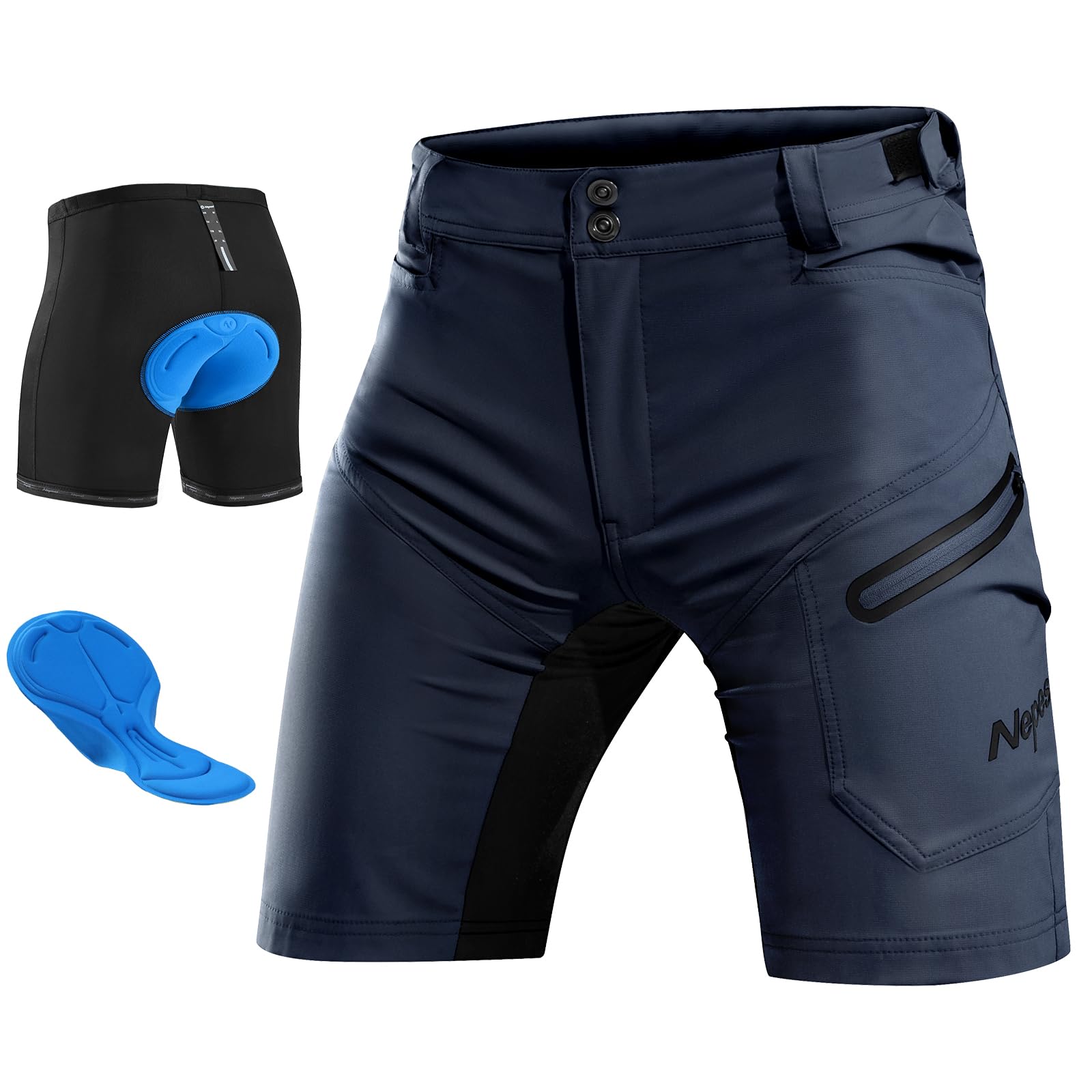 Nepest Mountainbike Hose Herren Kurz MTB Shorts Gepolstert 3D Fahrradhose Locker mit Reißverschluss Tasche Bike Shorts Atmungsaktiv