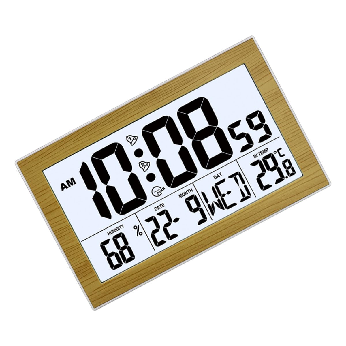 ULTECHNOVO Reloj Despertador Digital Multifunción de Pared y Sobremesa, Pantalla Grande Luz Trasera, Termómetro Integrado, Calendario Perpetuo, Color Madera Bambú, Adecuado para Hogar