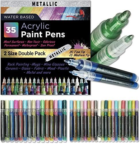 ArtShip Design 35 Metallic Acrylic Paint Pens, Double Pack of Both Extra Fine and Medium Tip Paint Markers, for Rock Painting, Mug, Ceramic, Glass, and More, Water Based Non-Toxic and No Odor