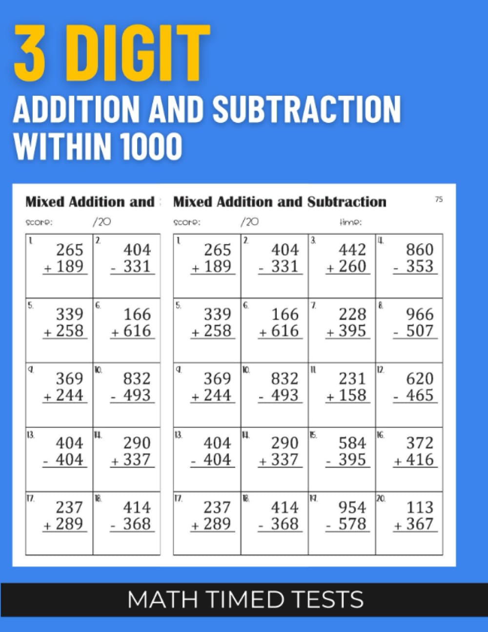 Math Timed Tests: 3 Digit Addition and Subtraction within 1000