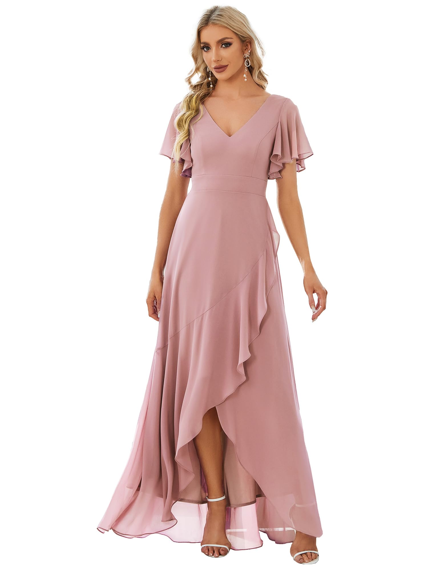 Ever-Pretty Vestido de Fiesta Escote en V Manga Volantes A-línea sin Respaldo Alto Bajo Largo sin Elasticidad para Mujer Elegantes 01749