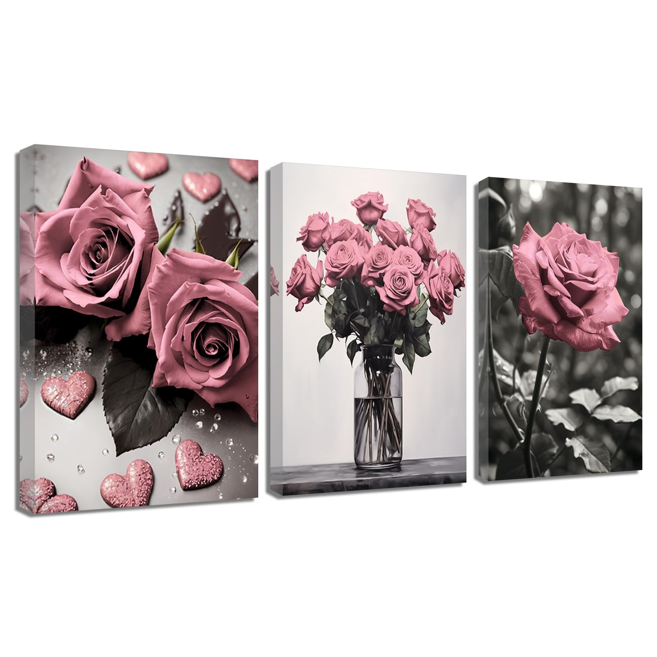 rose pink絵画3点 Amazon.co.jp: ZQQARTピンクローズウォールアート 3ピース ブルーム