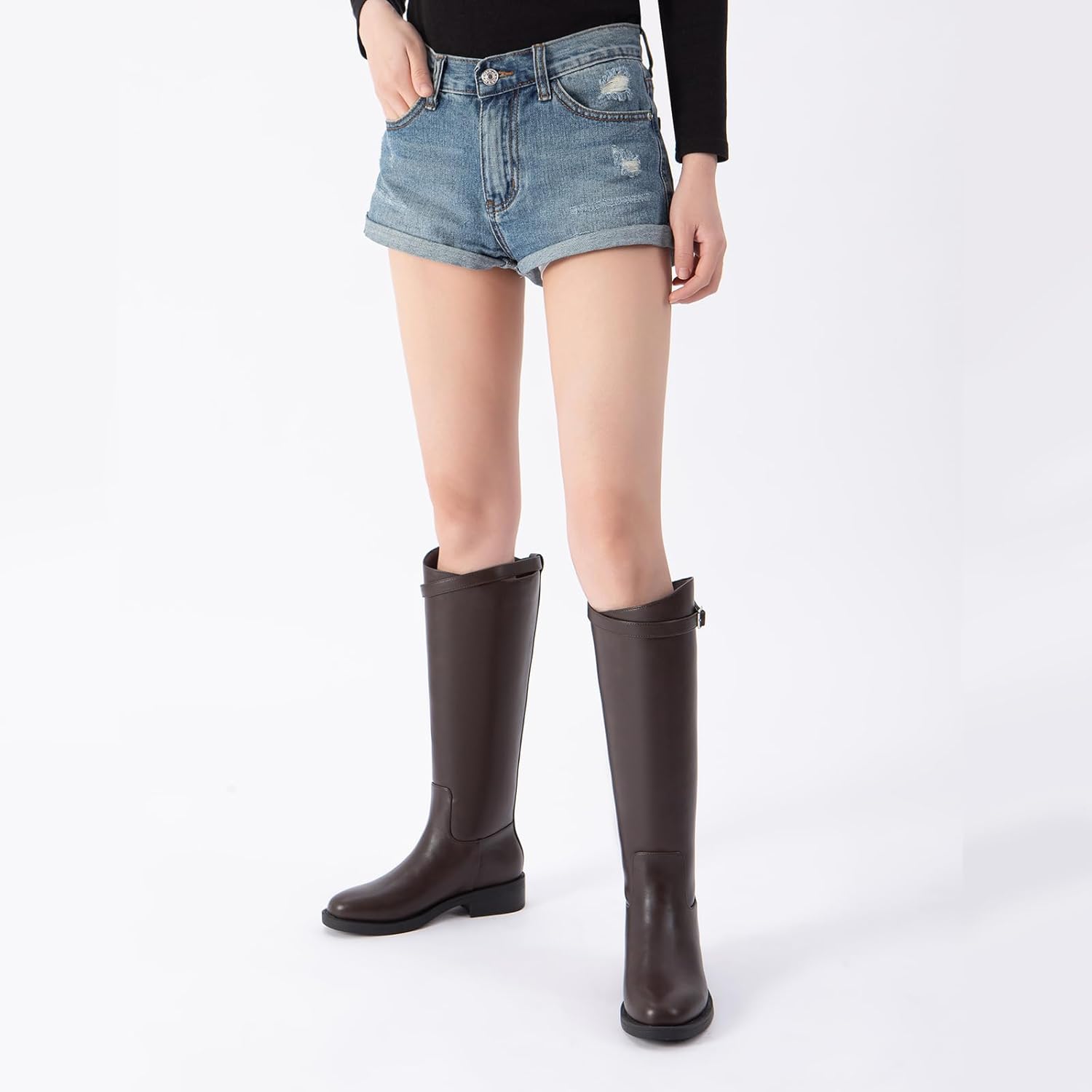 Athlefit Women's Knee High Riding Boots Round Toe Low Heel Tall Boots Pull On Long Booties with Buckle - Image 2