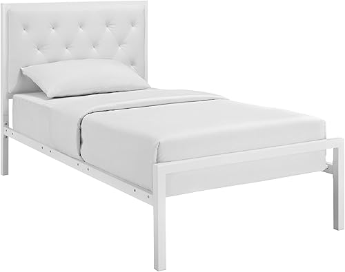 Modway Mia - Base de cama de piel sintética copetuda, tamaño individual, color blanco y blanco
