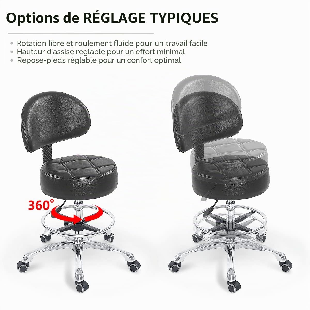 Grace&Grace Tabouret pivotant à Hauteur réglable avec siège Rond Extra Large et Extra épais et Dossier Confortable, Base en métal Robuste pour Salon, Massage, Usine, Boutique