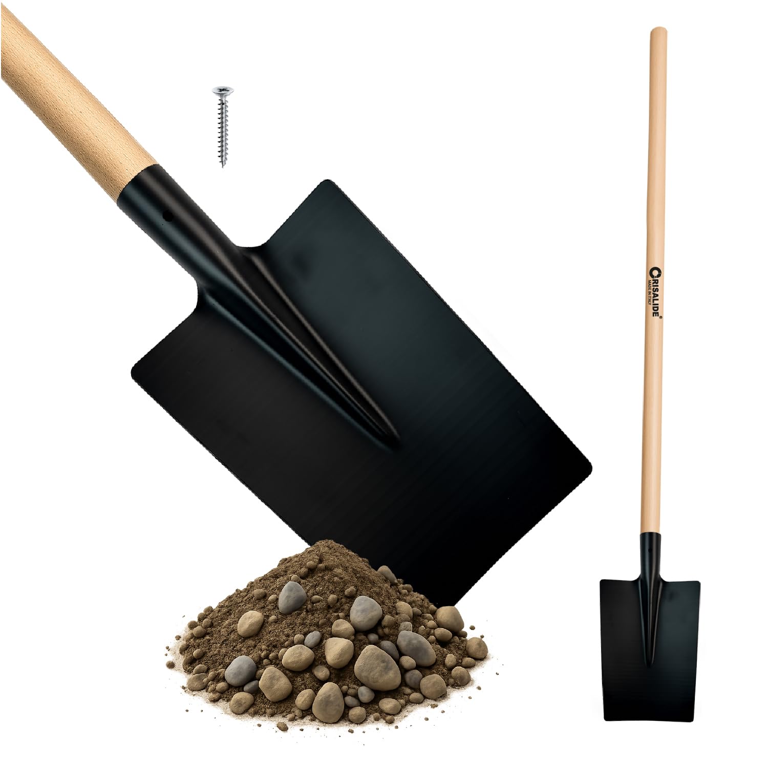 Crisalide® - Vanga Nera da Giardino con Manico in Legno di Faggio 135 cm – Scocca in Acciaio Verniciato Rinforzato, Attacco Conico con Vite Inclusa, Ideale per Terreni Duri, Rocciosi ed Erbosi