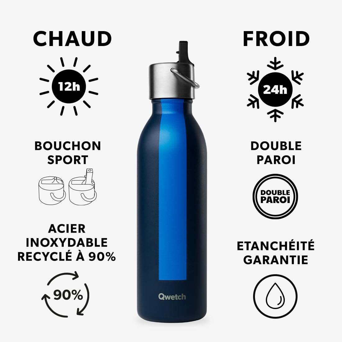 Qwetch - Granatowa butelka izolowana z serii Sport 600ml - Butelka ze sportowym korkiem - 24 godziny zimna i gorąca 12 godzin - Wodoodporna, wolna od BPA i kompaktowa
