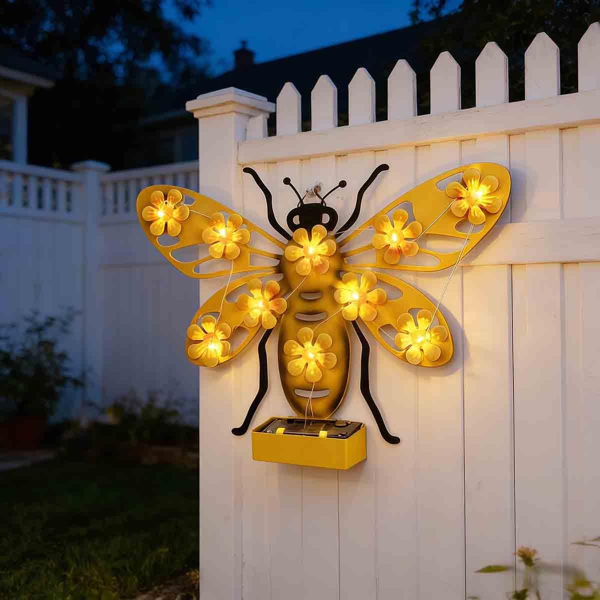 DTWEFF Solar Butterfly Metal Wall Art Light, Solar Lights Outdoor Metal Butterfly Wall Decor for Garden Yard Patio Decor(Bee)