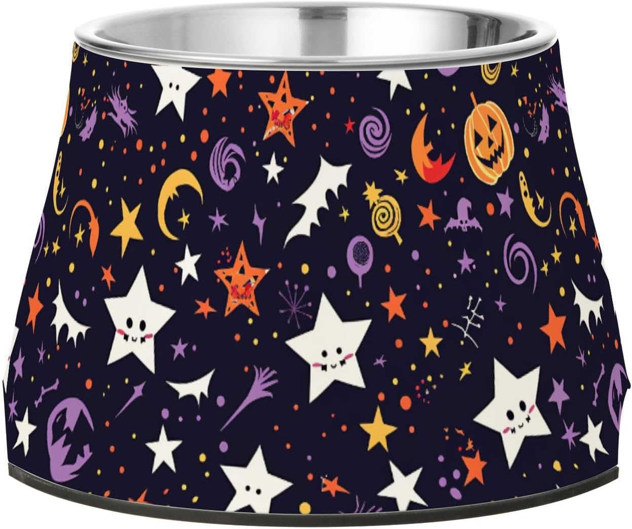 Starry Halloween Black Colorful Dogs Food Water Bowl Non Slip Stainless Steel Pets Bowl Stand for Slow Feed Cats Comfort Feeding