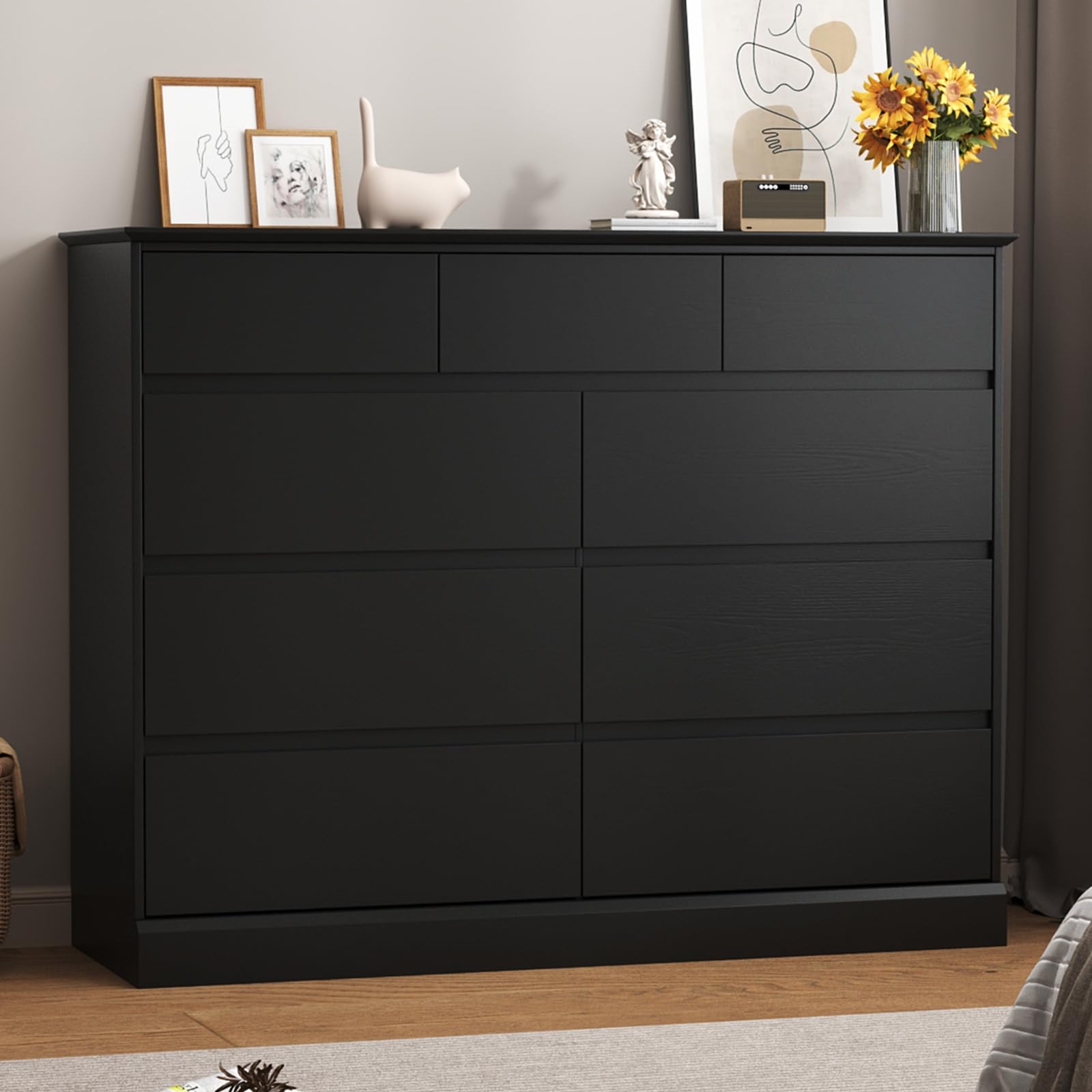 Seeday Modern 9 Drawer Dresser, Wood Dresser for Bedroom, with Wide Top, Deep Drawer Storage, Handleless Design, Long Dresser for Bedroom, Living Room, Dressing Room, Black : Home & Kitchen
