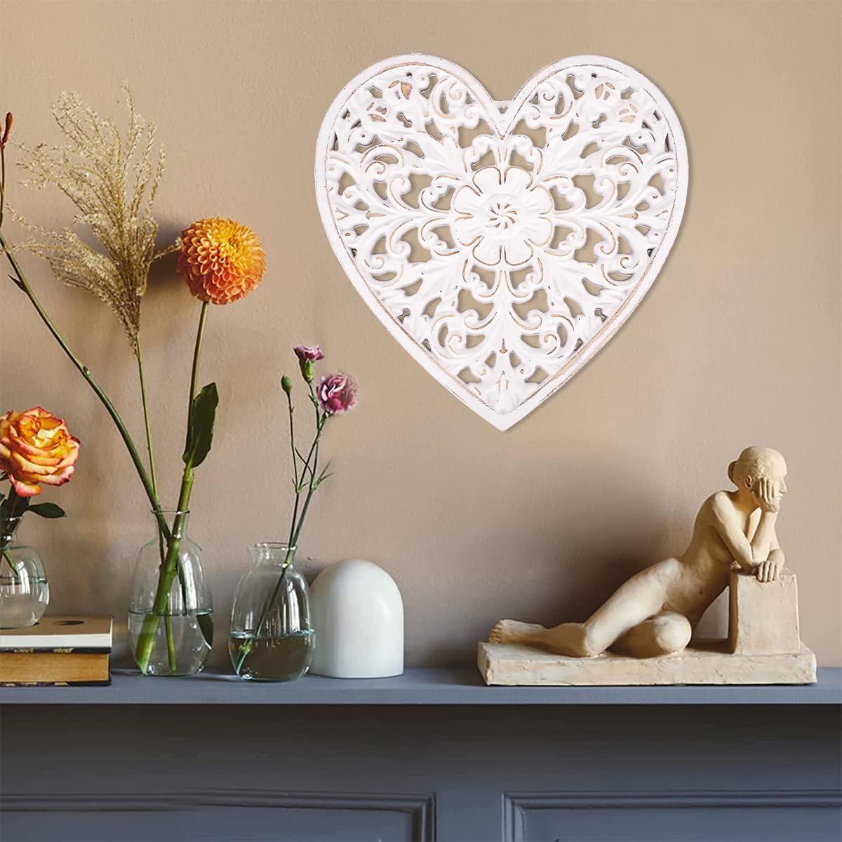 Wooden Wall Decor, Floral Hollow Carved Wall Panel Hanging Decor, Rustic Art Sculpture Decorative, Carved Floral-Patterned Distressed White MDF Wall Panel for Hallway Bedroom Cafe Office (Heart)