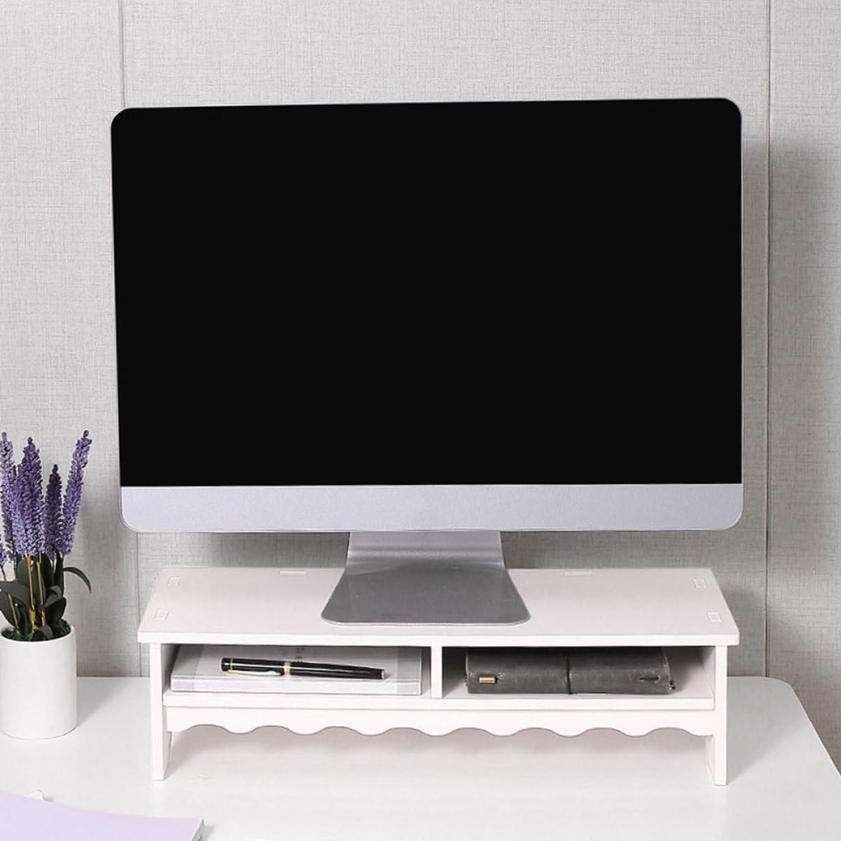 Support de Bureau Blanc en PVC Composite avec Base Surélevée pour Ordinateur Portable et Écran Grand Espace de Rangement Bureau Organisé