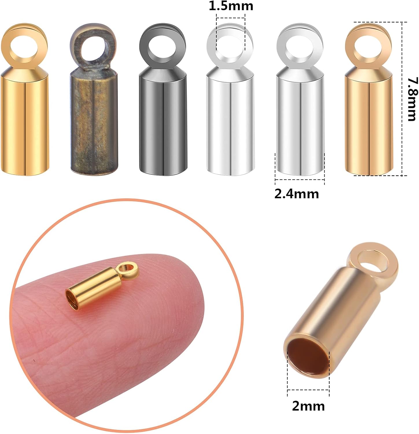 240pcs 6 Colors Cord End Bead Caps Brass Crimp End Caps Barrel Glue-in End Caps Clasps Terminators Findings for DIY Leather Necklace Bracelet Art Craft Jewelry Making