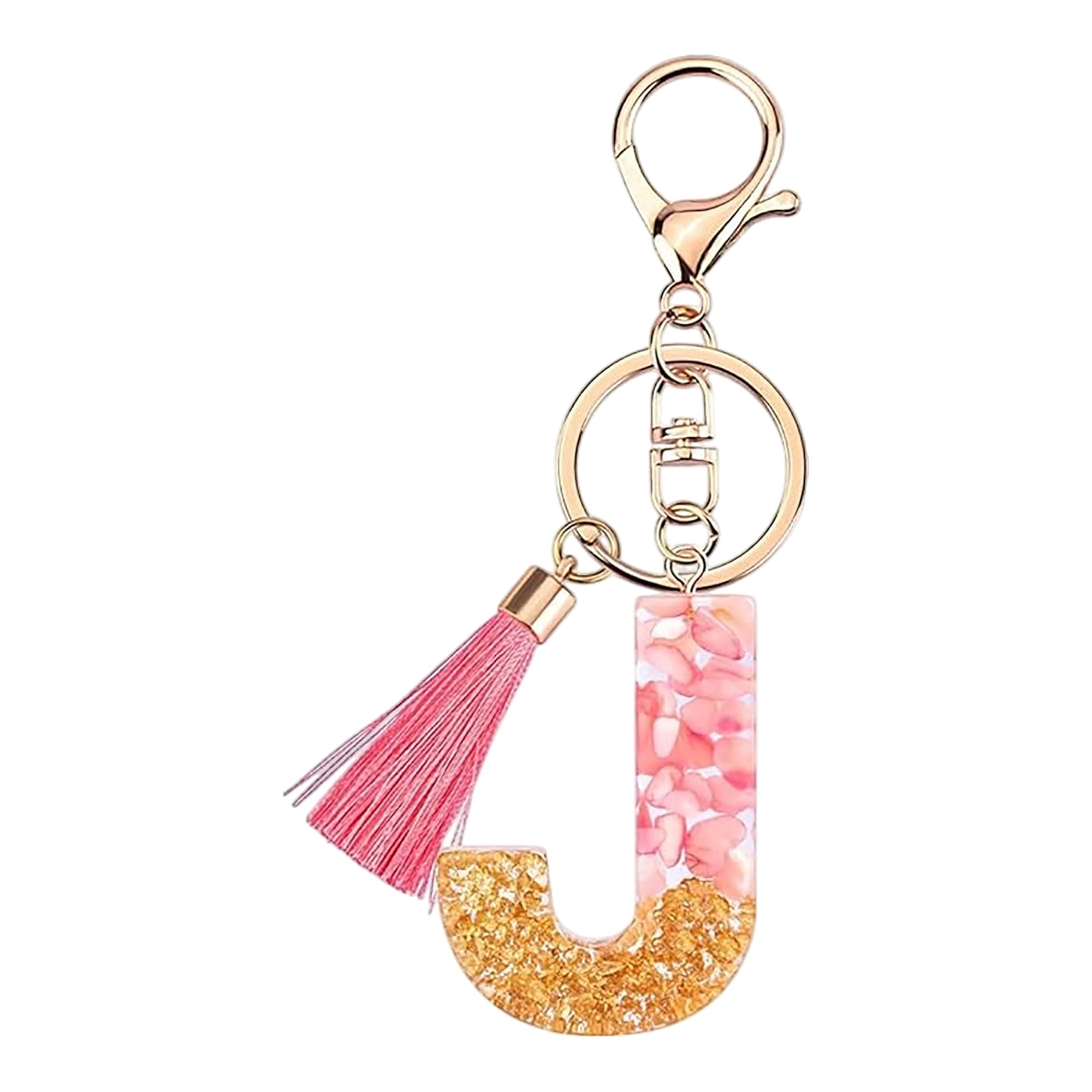 Rohans Pink and Gold Resin Alphabet Initial Letter Keychain, Bag Charm, Key Ring with Lobster Clasp (J)