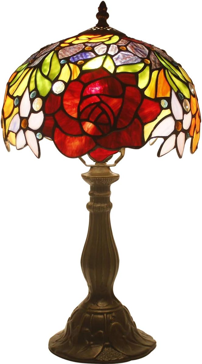 4MYHOME Tiffany Lamp Stained Glass Table Lamp Red Rose Flower Bedside Desk Reading Light