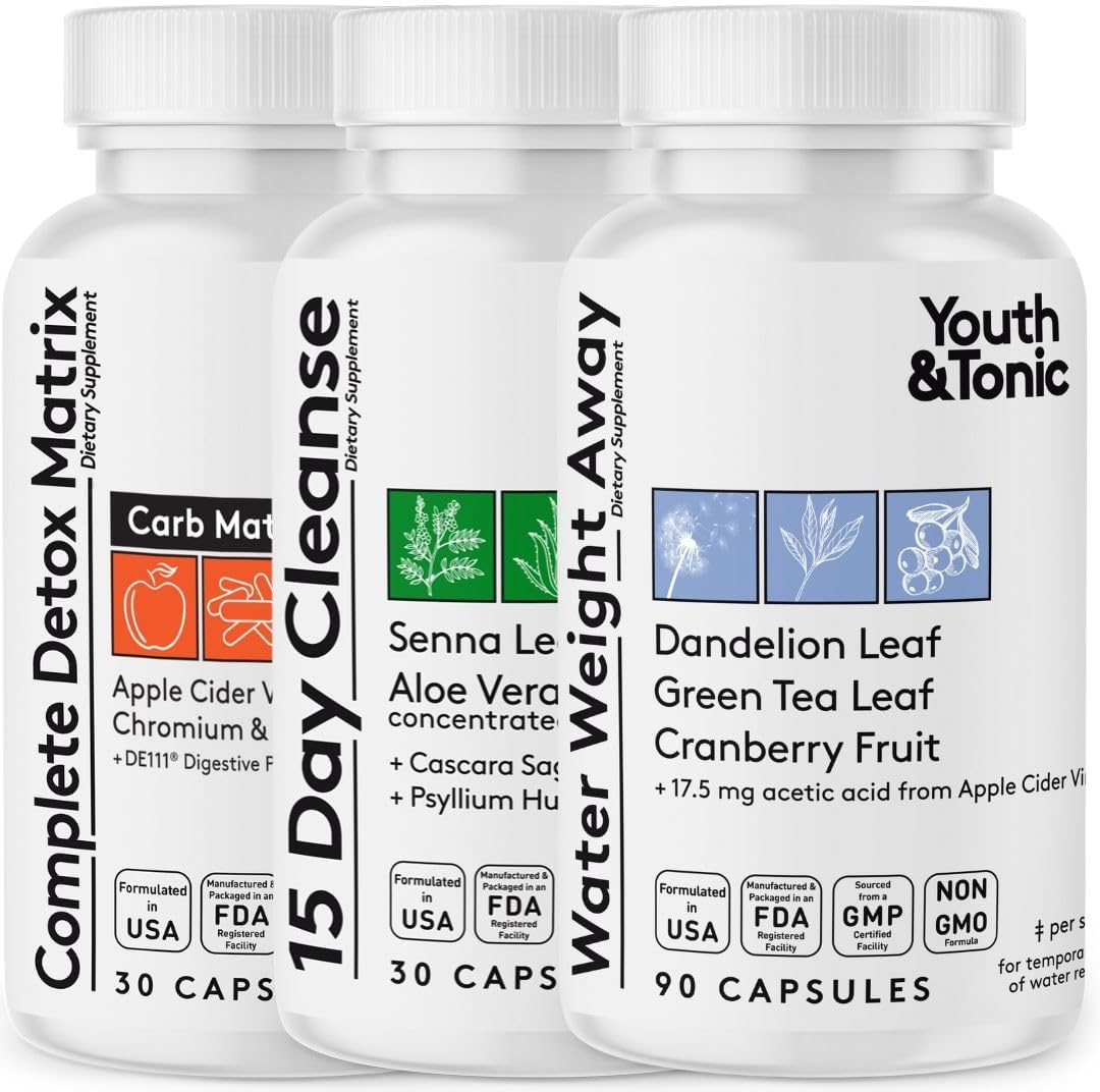 Youth & Tonic Detox Cleanse Extra Water Loss Kick Off Weight Management | ACV Detox 15 Day Colon Cleanse Water Away |150 Pills