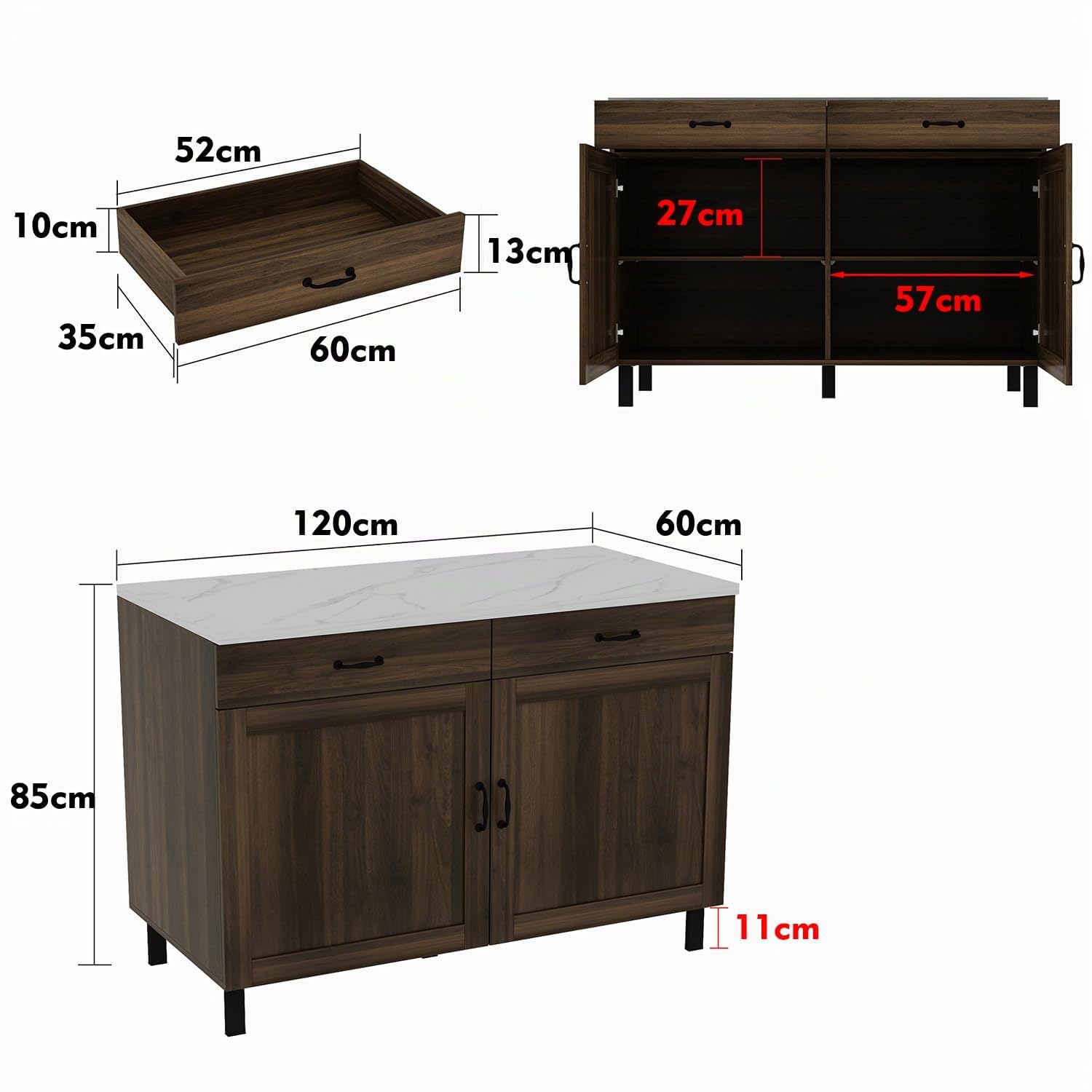 Isola cucina con piano di lavoro, armadio da cucina a cassetti, tavolo centrale con ante e cassetti, buffet marrone e bianco, 120x60x85 cm, MDF