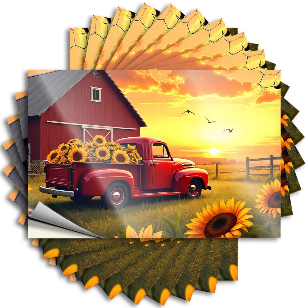 Metal, Stickers Laptop A Vintage Red Truck Loaded with Sunflowers in Front of A Barn At Sunset | Dart Space Room Decor(8X12CM)