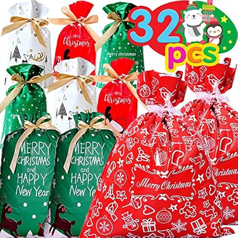 Party-poter Drawstring Christmas Gift Bags 32pcs Christmas Drawstring Gift Bags Christmas Wrapping Bags with Drawstring Reusable Christmas Drawstring Bags Large Christmas Tree Christmas Thamed Party Cover