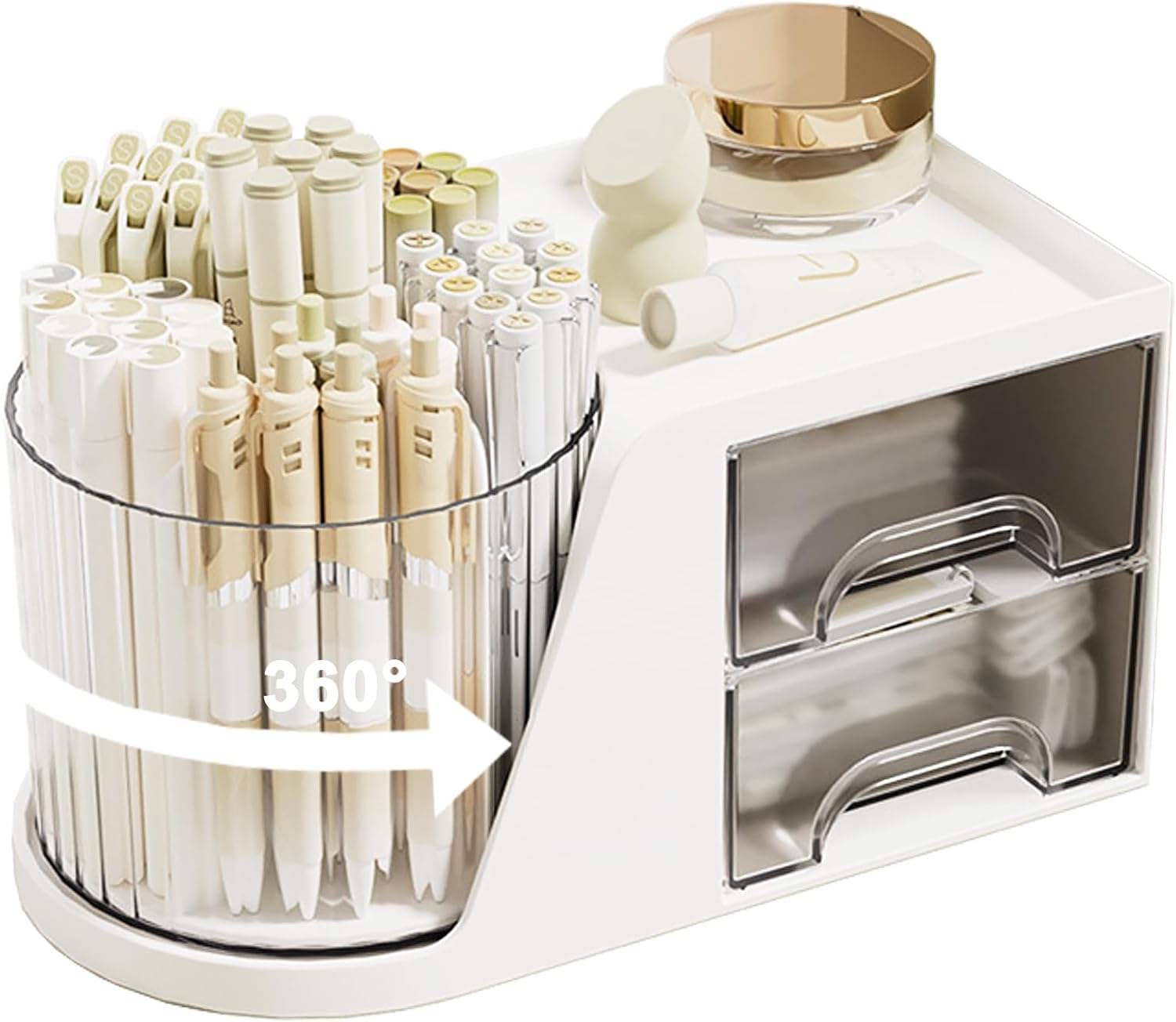 Table Organizer - Rotatable Cosmetic Pencil Holder, Plastic Storage Box with Drawers, for Office and Home Use (White)