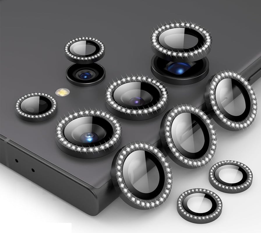 Image of NEW Glitter Diamond Camera Lens Protector for Samsung Galaxy S24 Ultra 5G | Full Coverage 9H Surface Tempered Glass with Metal Ring Guard - [5-Pack, Black Diamond