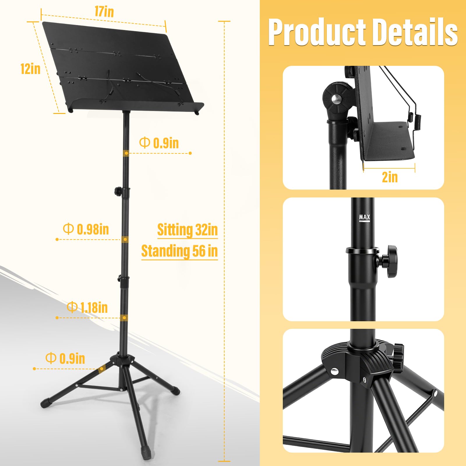 Tragbarer, klappbarer Notenständer, höhenverstellbar (81,3 cm bis 142,2 cm), um 180° neigbar, mit Tragetasche, für Band, Reisen und Zuhause (81,3–142,2 cm)