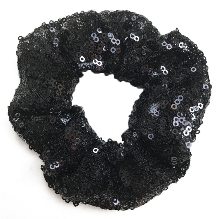 4 Pcs Sparkle Sequin Hair Scrunchie Hair Bobbles Metallic Elastics Ponytail Holders Hair Wrist Ties Bands Cloth Scrunchies for Show Gym Dance Party Club Girl Women (Black)