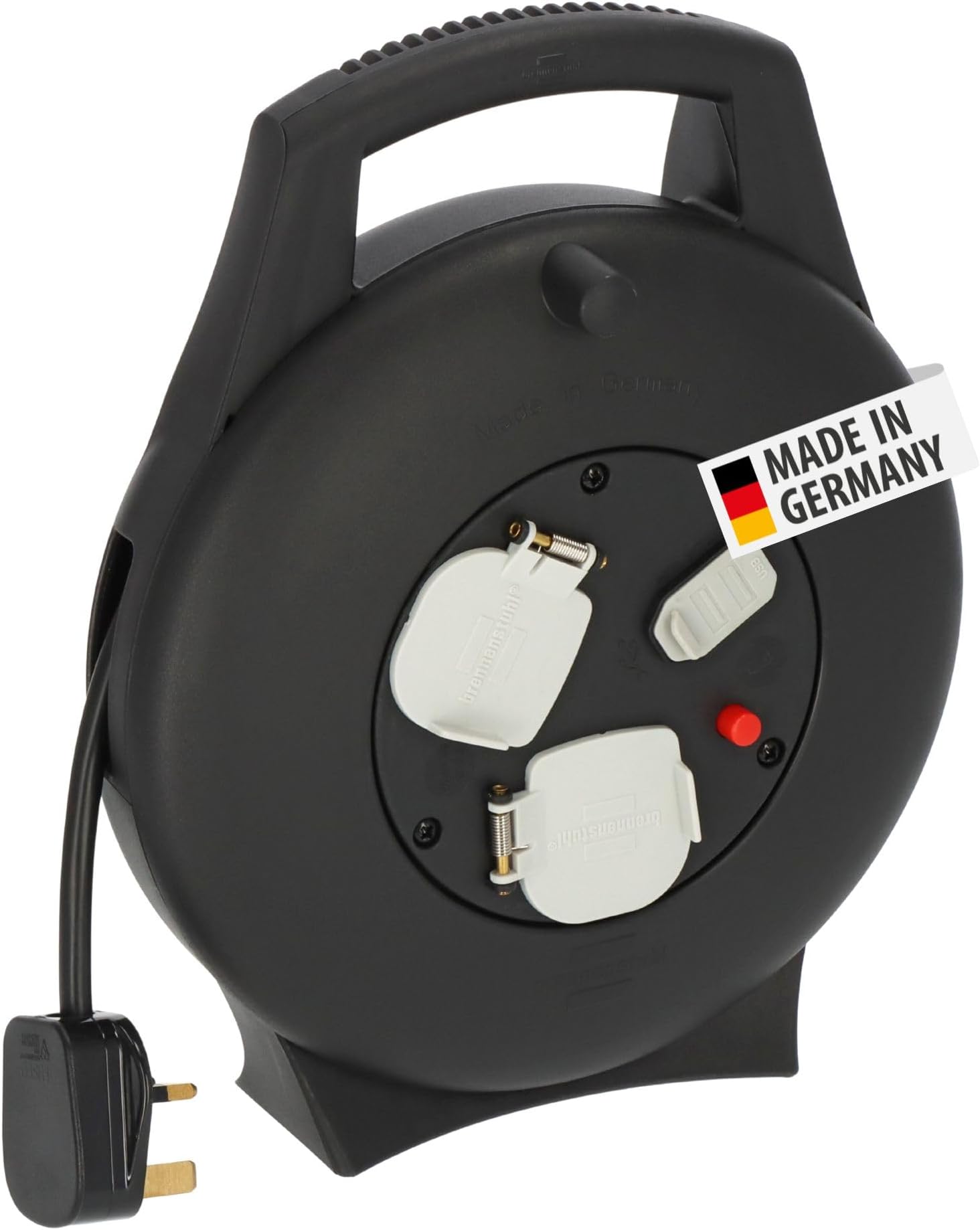 Vario Line cable box, 2-way plus USB charger / 10m mini cable reel for indoor use with 2x BS sockets and 2x USB charging units, Made in Germany
