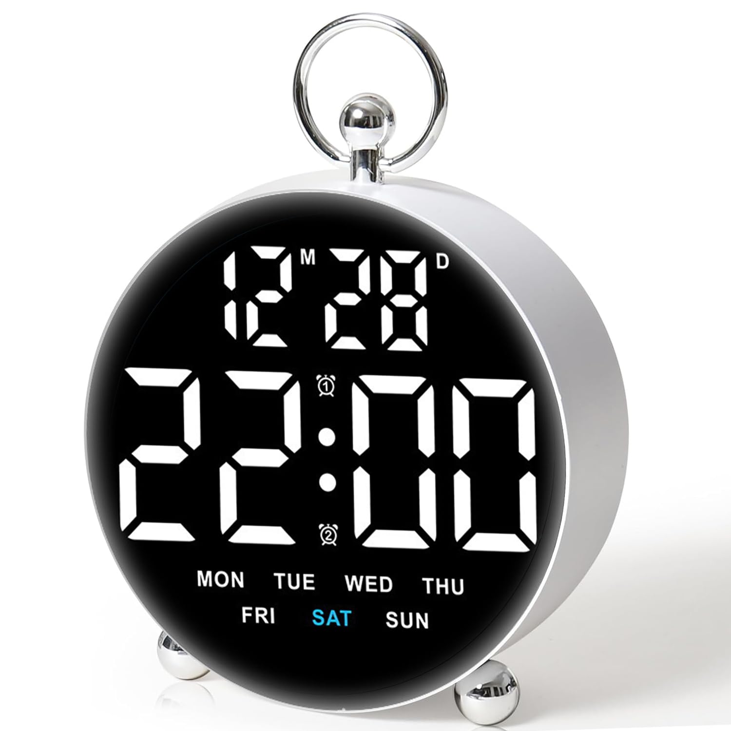 Adofous Digital Alarm Clock, Alarm Clocks Bedside with HD LED Display, Battery/USB Powered Clock with Snooze, 5 Adjustable Brightness, 2 Alarms, Voice Control Mode, Timer for Bedroom Office (White)
