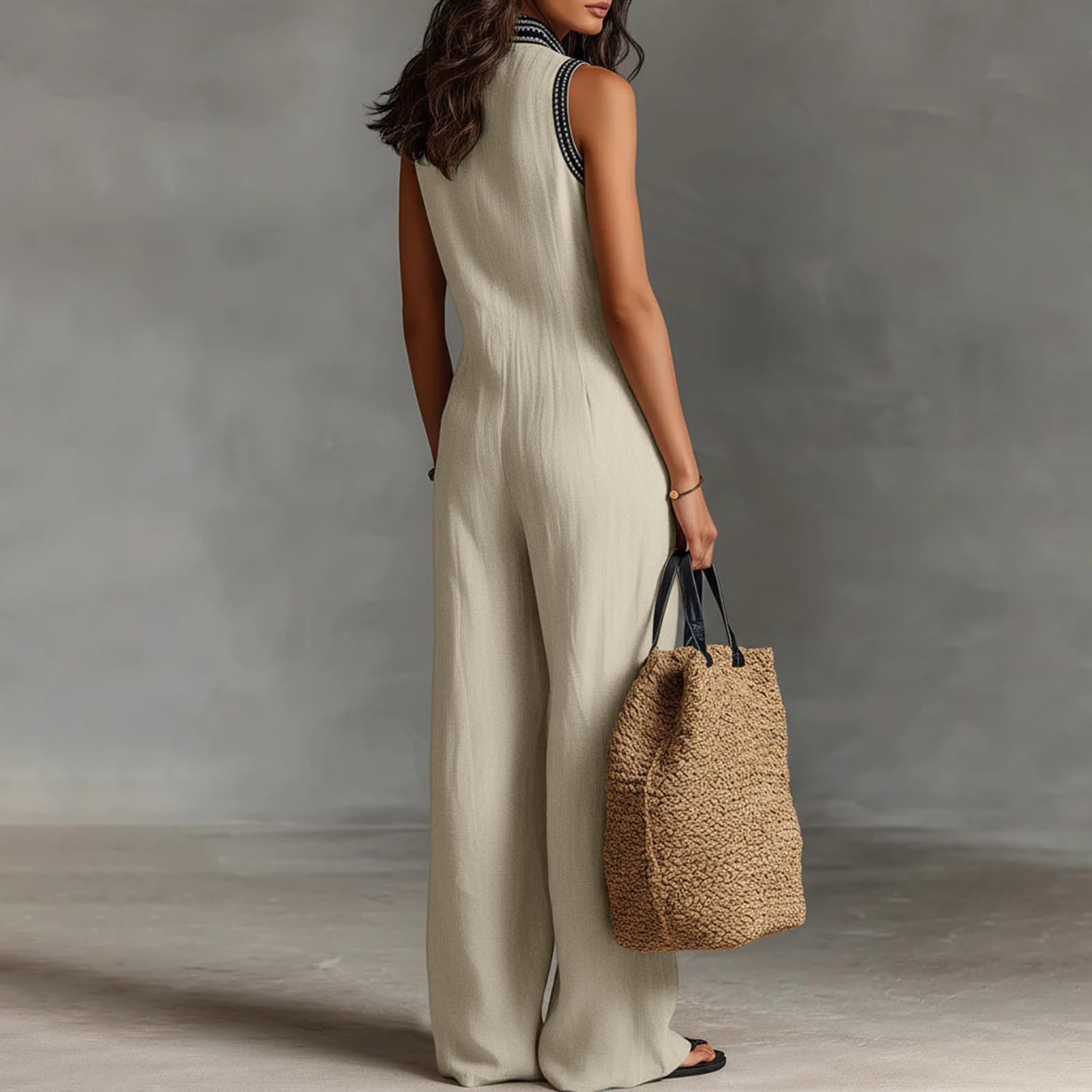 Ansenesna Jumpsuit Damen Sommer Elegant Lang Overall Baumwolle Leinen Weites Bein Boho Jumpsuits Für Damen V Ausschnitt Ärmellos Einteiler Frauen Locker Sommeroverall Leicht Romper Weit Playsuit