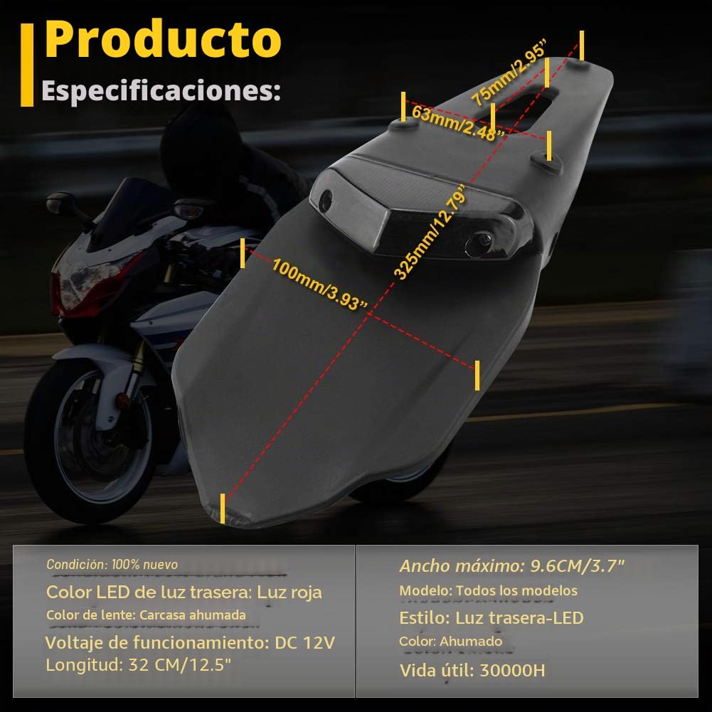 KaTur ‒ Guardabarros trasero con luz trasera de freno LED para motocicleta de motocross, enduro (lente roja)