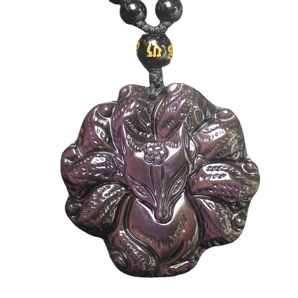 HLbshiCrystal Natural gold silver rainbow obsidian nine tail fox necklace Amulet pendant bead with adjustable chain for women men